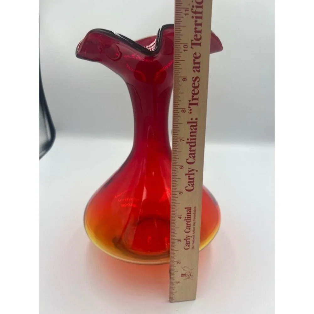 Vintage Amberina MCM Art Glass Ruffled Rim Vase Red Orange Blown Glass 10.5 In